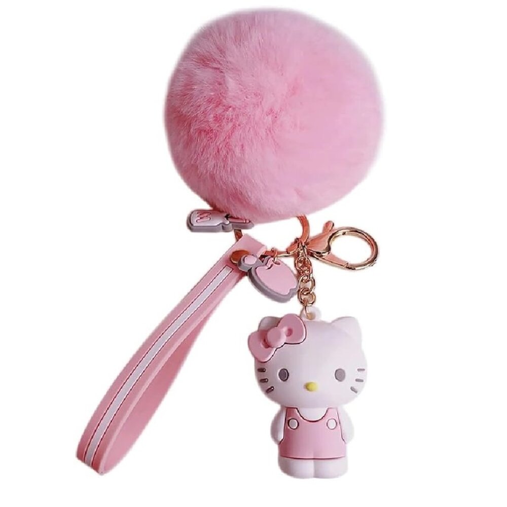 Hello Kitty Chunky Pom Pom Keychain Bag Pendant Keyring Jewelry Pink White NEW